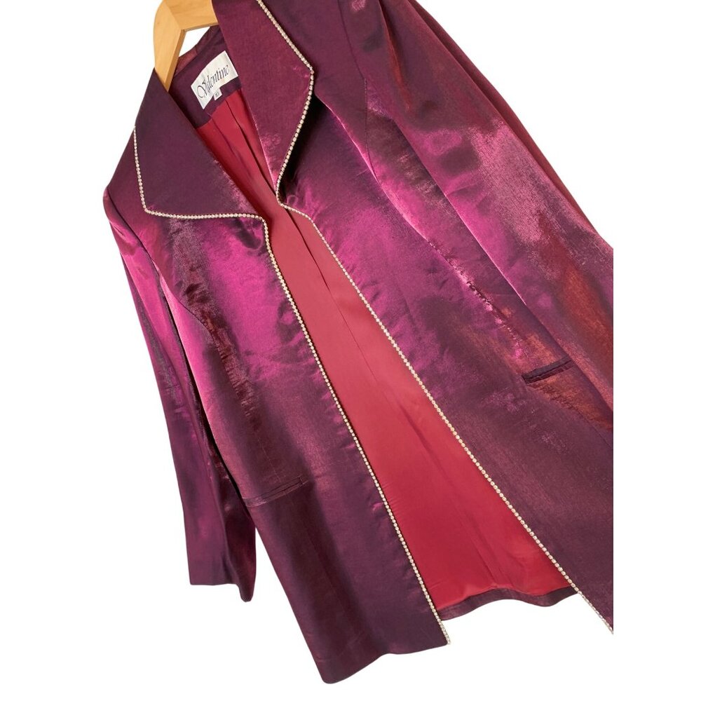 Valentine Satin Fuchsia Longline Open Front Blazer Cardi Rhinestone 10 RA10084